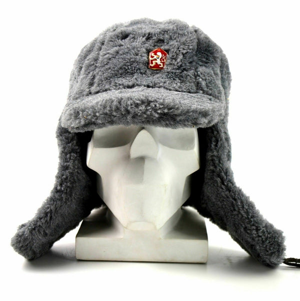 Echte tschechische Armee Wintermütze Uschanka grau Pelz warme Mütze CZ Militär Isignia