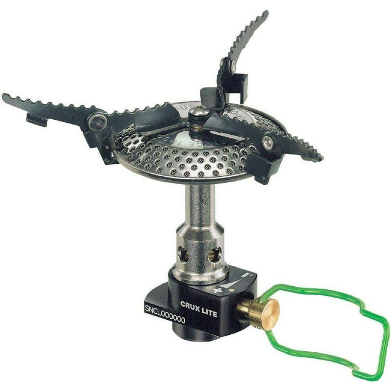 Compact OPTIMUS CRUX Lite solo gas stove with serrated pot supports and green control valve for backpacking cooking outdoors