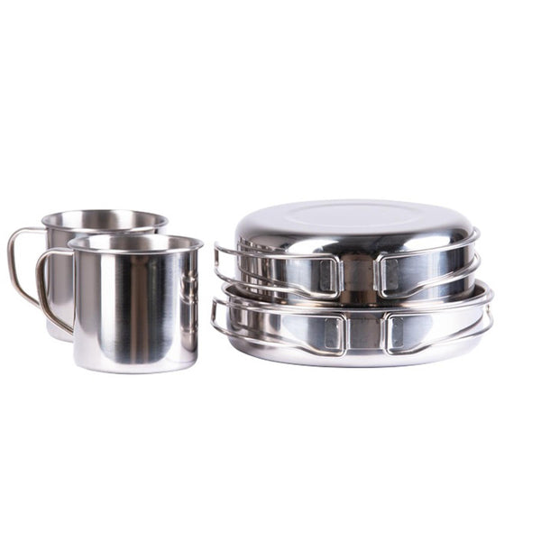 MIL-TEC Outdoor Kochgeschirr 8 teilig Edelstahl Camping Kochtopf Pfanne Tasse Teller