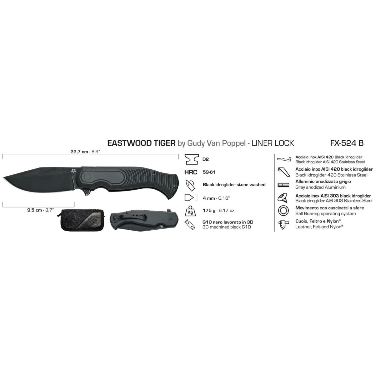 Fox Knives EASTWOOD TIGER Taschenmesser Hochgeschwindigkeits-D2-Stahl G10 schwarz taktisch