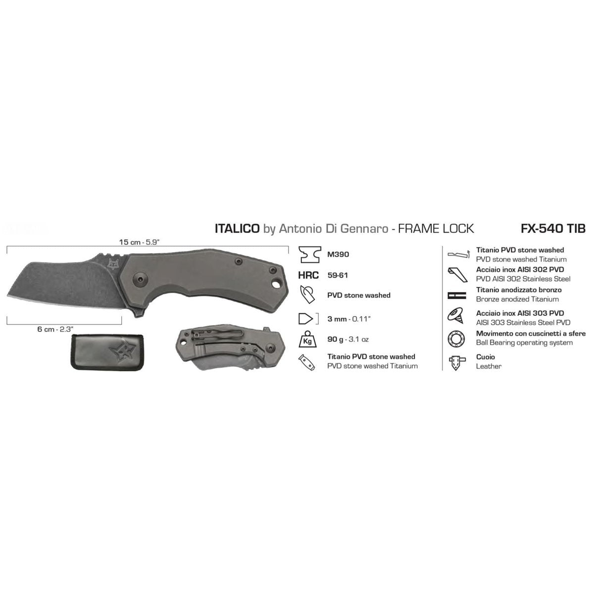 Fox Knives ITALICO Sheepfoot-Taschenmesser M390-Stahl, taktisch, kompakt, faltbar