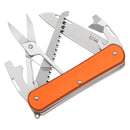 Fox Knives VULPIS multitool knife with N690Co steel blade and orange anodized aluminum handle, includes scissors, saw, and opener.