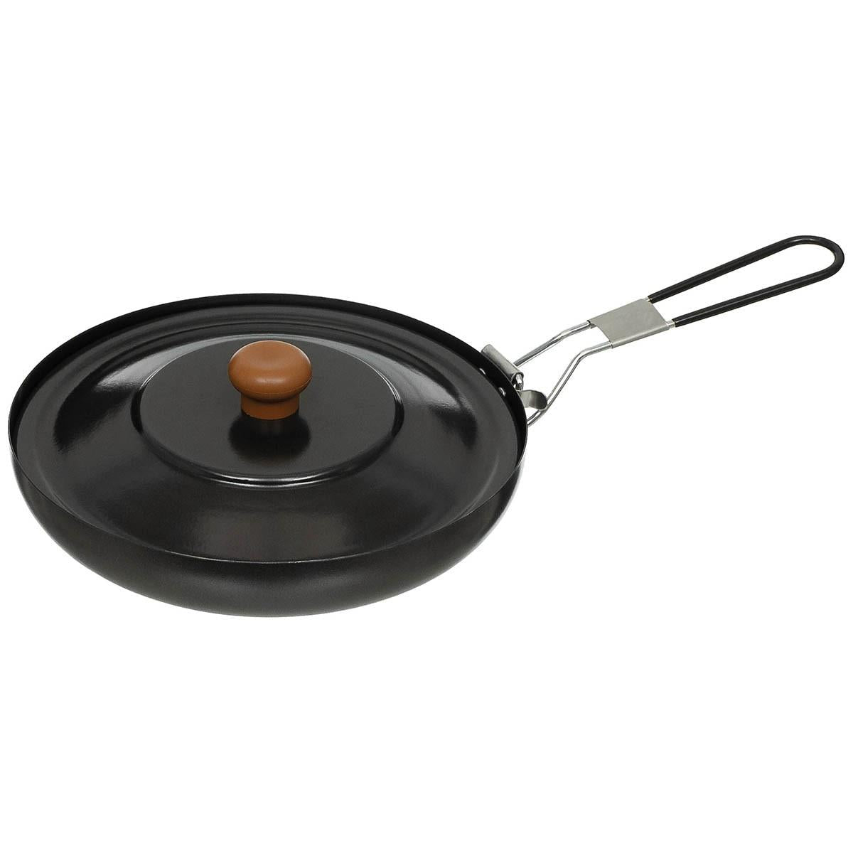 Fox Outdoor-Bratpfanne, Stahl, faltbar, gummibeschichteter Griff, Emaille-Deckel, schwarz