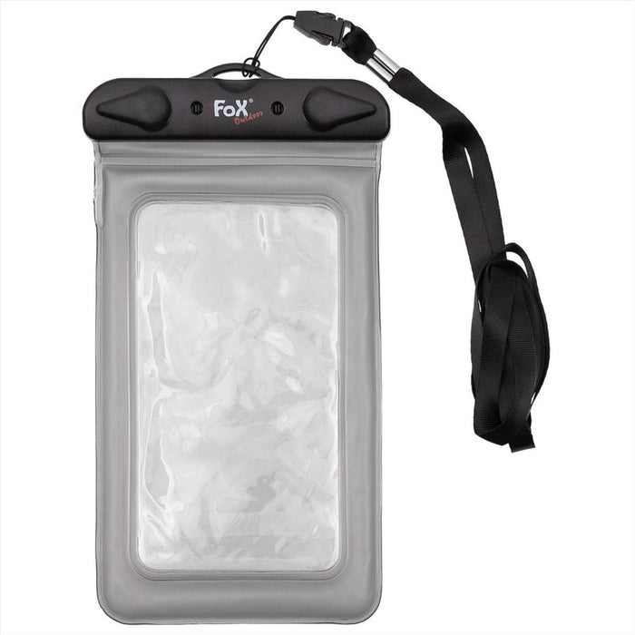 Transparente, wasserdichte Fox Outdoor-Smartphone-Tasche mit staubdichtem Verschluss und schwarzem, verstellbarem Umhängeband für Outdoor-Schutz