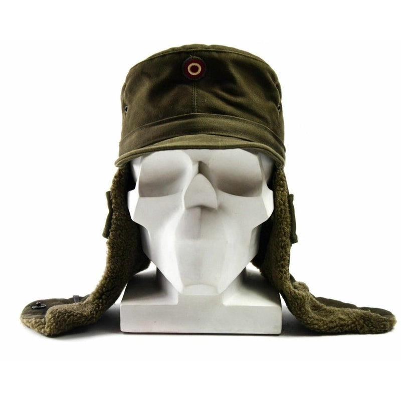 Genuine Austrian Army winter cap in olive with ear flaps, visor, and Austrian insignia badge on front.