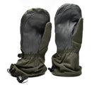 Genuine Austrian army olive OD GoreTex mittens with waterproof leather palms for cold, wet weather protection.