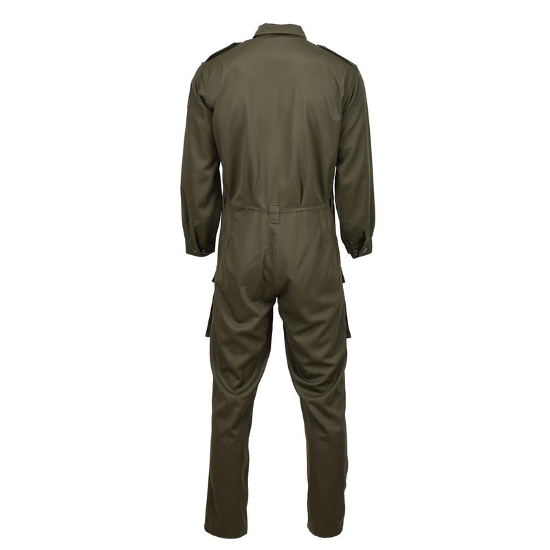 Back view of olive Genuine Austrian military mechanic coverall with long sleeves, shoulder epaulettes, and cargo pockets