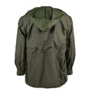 Back view of genuine Belgian army M64 olive green military cotton waterproof parka with hood and adjustable waist