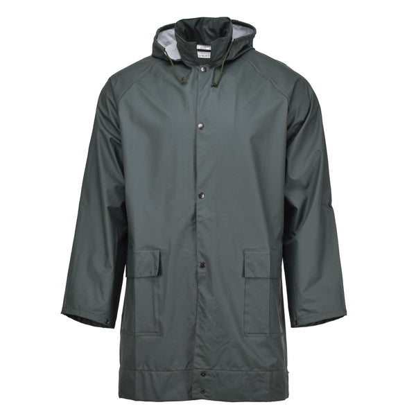 Lightweight genuine Belgian army waterproof rain jacket in olive with hood and cargo pockets for wet weather protection