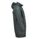 Side view of genuine Belgian army waterproof rain jacket in olive with hood and adjustable cuffs