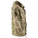 Side view of a genuine British Army MTP camouflage combat parka jacket with hood and multiple pockets