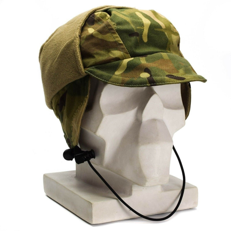 British Army MTP camo waterproof Gore Tex paratrooper cap with ear flaps and chin strap on white mannequin head