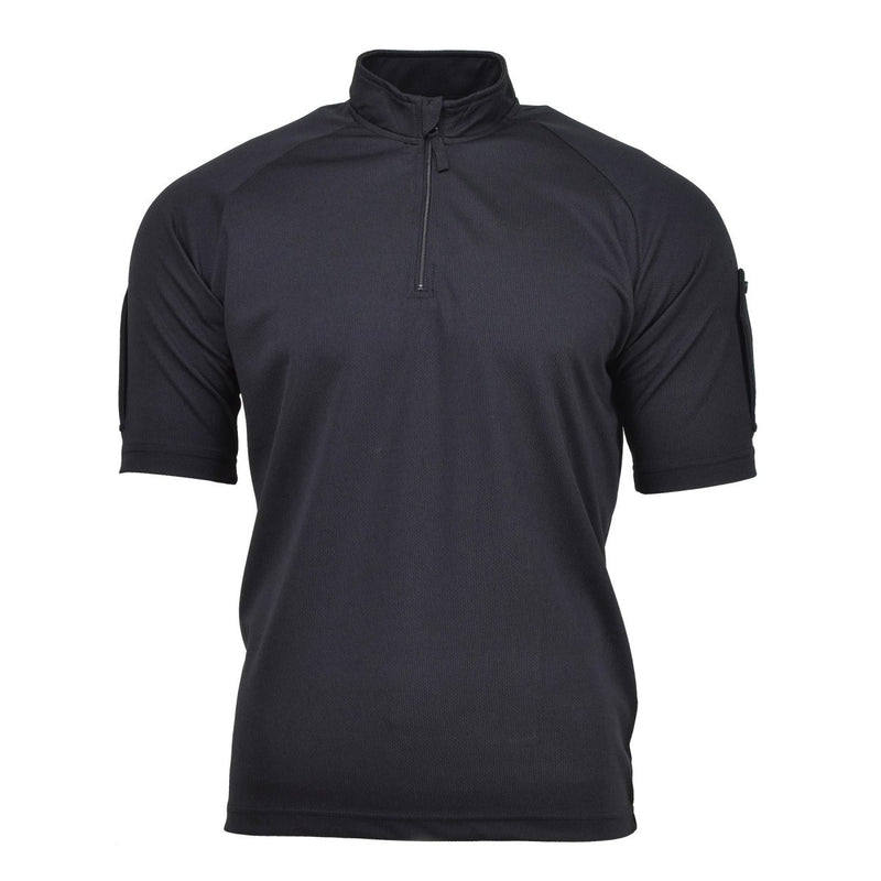 Black British police activewear polo shirt with short sleeves and zip collar, breathable and lightweight design