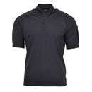 Black British police tactical polo shirt with half-zip, breathable stretch fabric, and functional design.