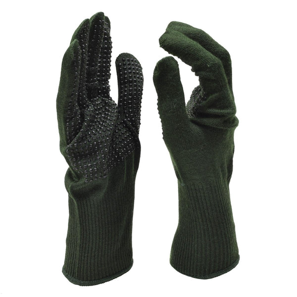 Pair of genuine British military green Nomex tactical gloves with knit gripper texture for flame resistance and secure grip