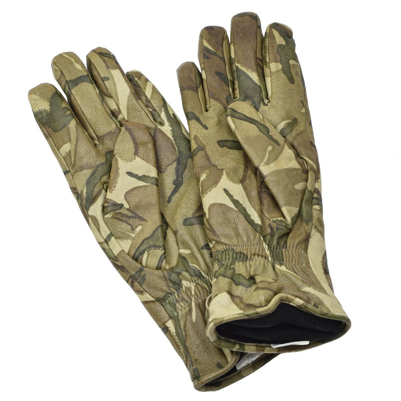 Pair of Genuine British MK II Combat leather gloves in MTP camouflage with warm lining and reinforced padding for protection.
