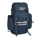 Blue durable canvas British Royal Air Force backpack with RAF insignia, multiple compartments, and adjustable straps.