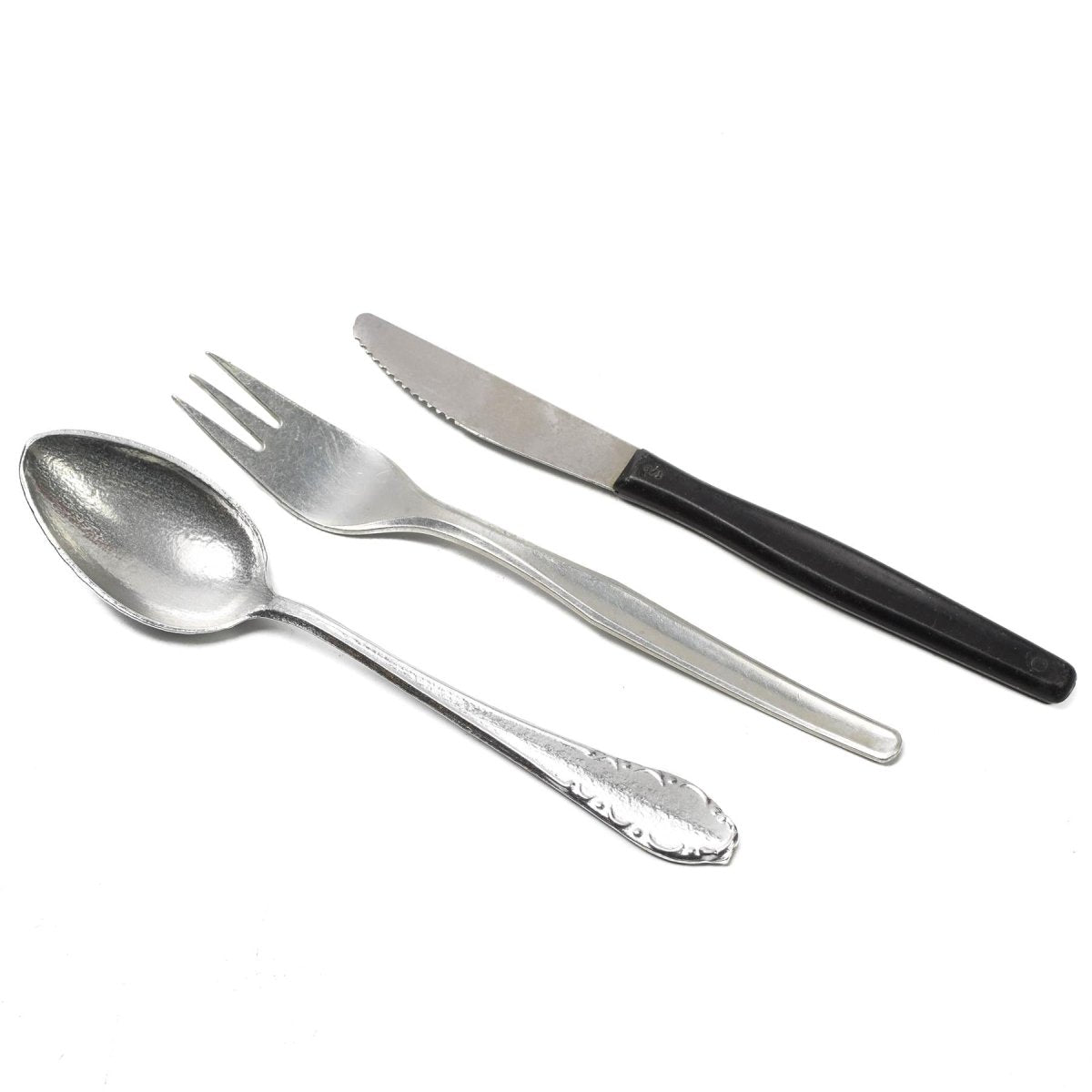 Original 3-teiliges Besteckset aus Aluminium der tschechischen Armee, weiße Tasche, Militärüberschuss