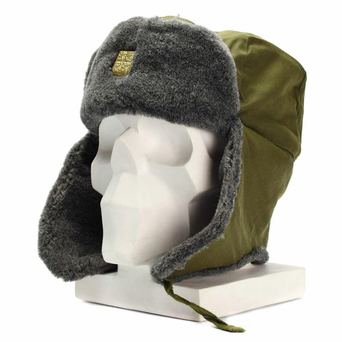 Vintage genuine Czech army olive winter ushanka hat with grey faux fur lining and gold-toned badge on front
