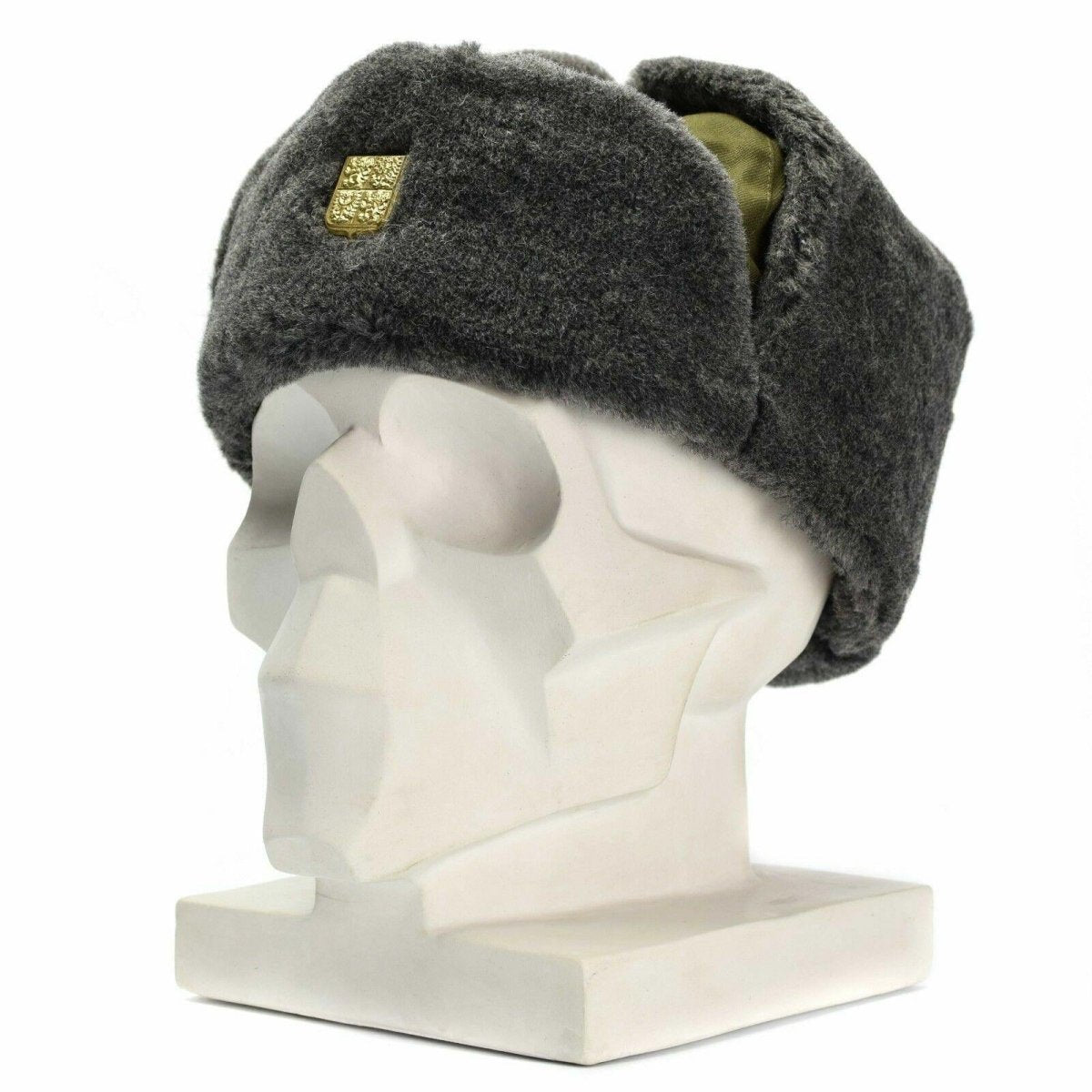 Echte tschechische Armeemütze, Militär-Wintermütze, Uschanka, grau-oliv, mit Abzeichen, NEU