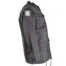 Side view of genuine Danish Army M71 combat jacket in military grey with sleeve patch and multiple pockets