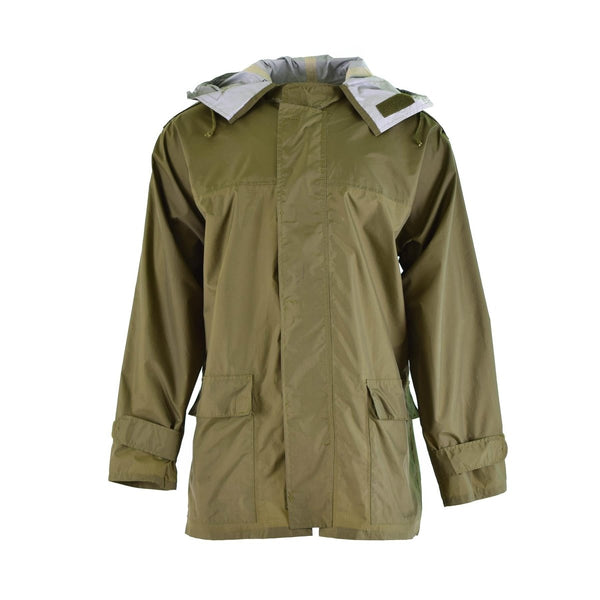 Genuine Danish army olive drab waterproof jacket with hood, adjustable cuffs, storm flap, and front pockets.