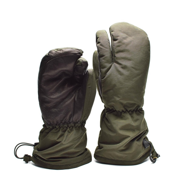 Pair of genuine Danish army trigger finger mittens in olive drab with reinforced leather palms and adjustable cuffs.