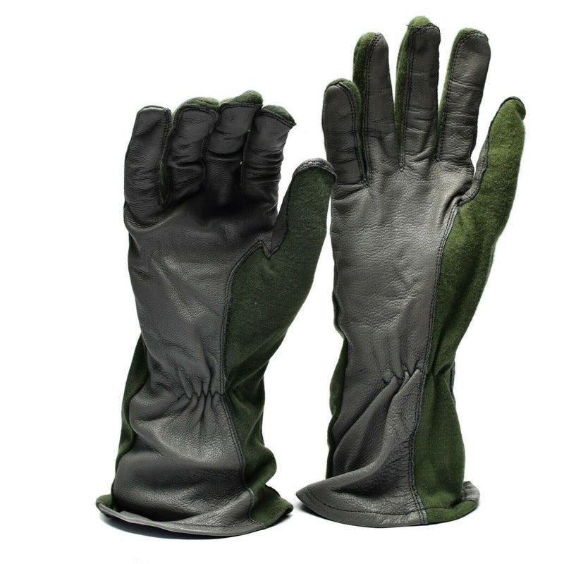 Genuine Dutch Army AirForce combat gloves with leather palms and Nomex aramid fiber for fire-resistant, durable protection.