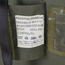 Close-up of label inside genuine Dutch army olive sleeping bag carrier pouch showing care instructions and material details.
