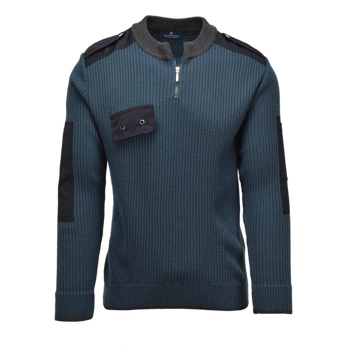 Echter niederländischer Militär-Rippstrickpullover in Blau mit Viertelreißverschluss und verstärkten Ellbogen für kaltes Wetter.