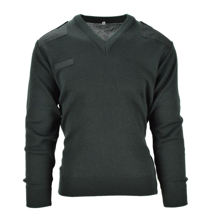 Dunkelgrüner Kommando-Pullover der niederländischen Armee mit V-Ausschnitt und verstärkten Schulter- und Ellbogenpatches.