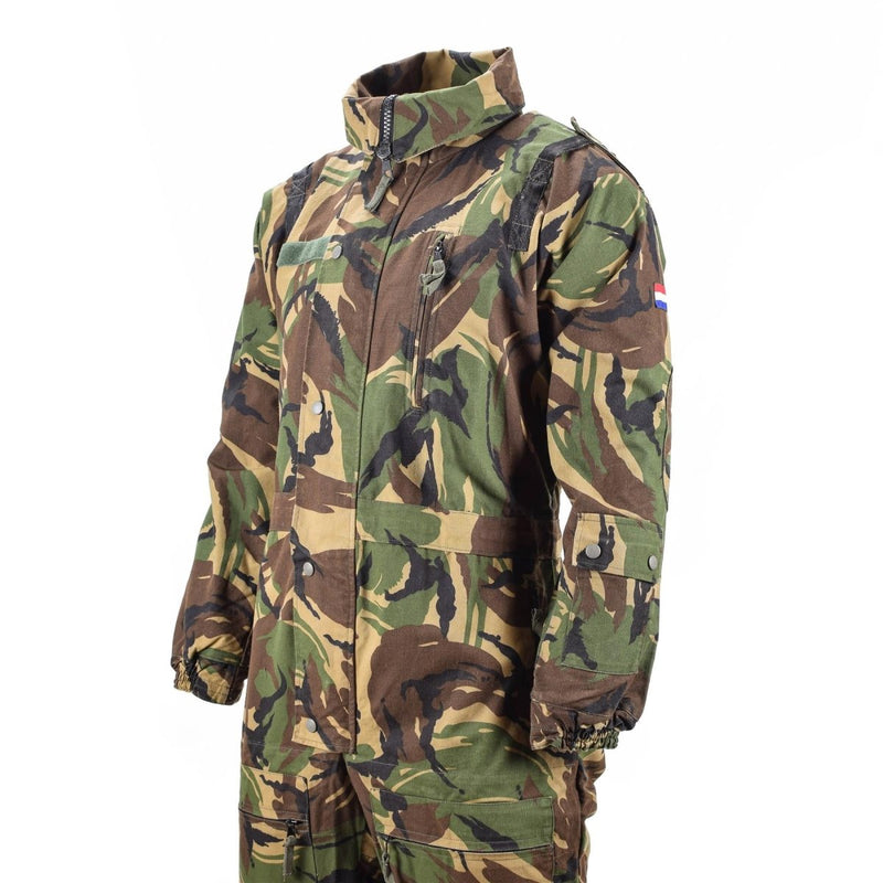 Genuine Dutch military tanker coverall in DPM camouflage with high neck and storm flap zipper closure.