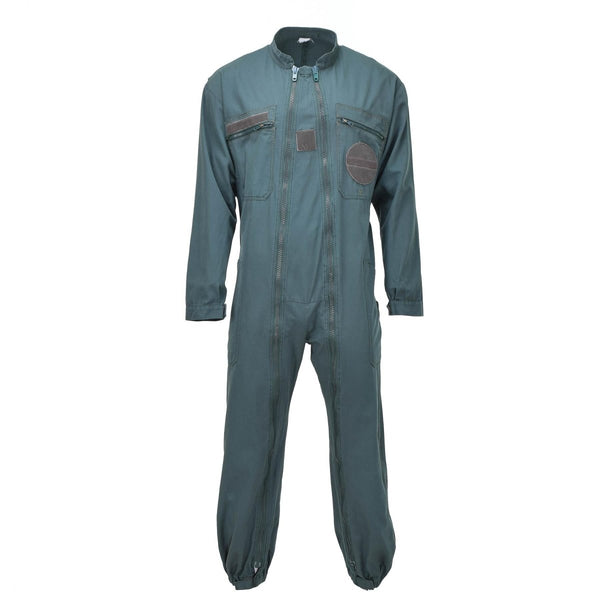 Genuine French Air Force olive green mechanic jumpsuit with double zipper, pockets, and elasticated cuffs and waist.