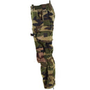 Side view of French army combat pants in CCE camouflage ripstop fabric with multiple pockets and adjustable straps