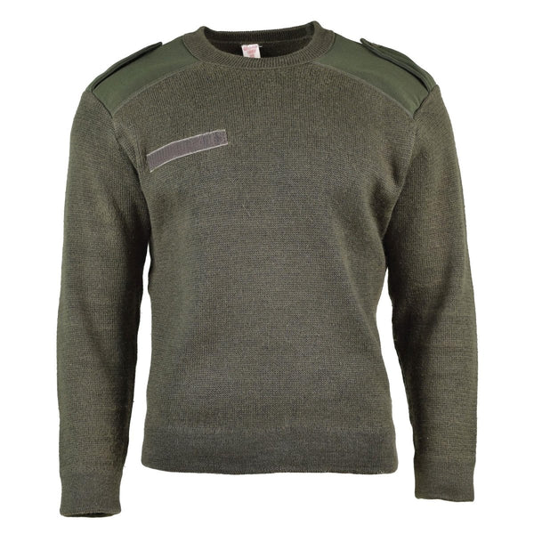 Genuine French army olive commando jumper with round neck, wool blend, reinforced shoulders and elbows for durability.