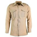 Beige genuine French army fatigue shirt with chest pockets and epaulettes, durable poly wool military design new condition.