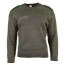 Olive green genuine French army sweater with reinforced shoulders and elbows, round neck, durable military pullover.