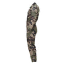 Side view of genuine French military CCE camouflage mechanic coverall jumpsuit with roomy fit and durable fabric