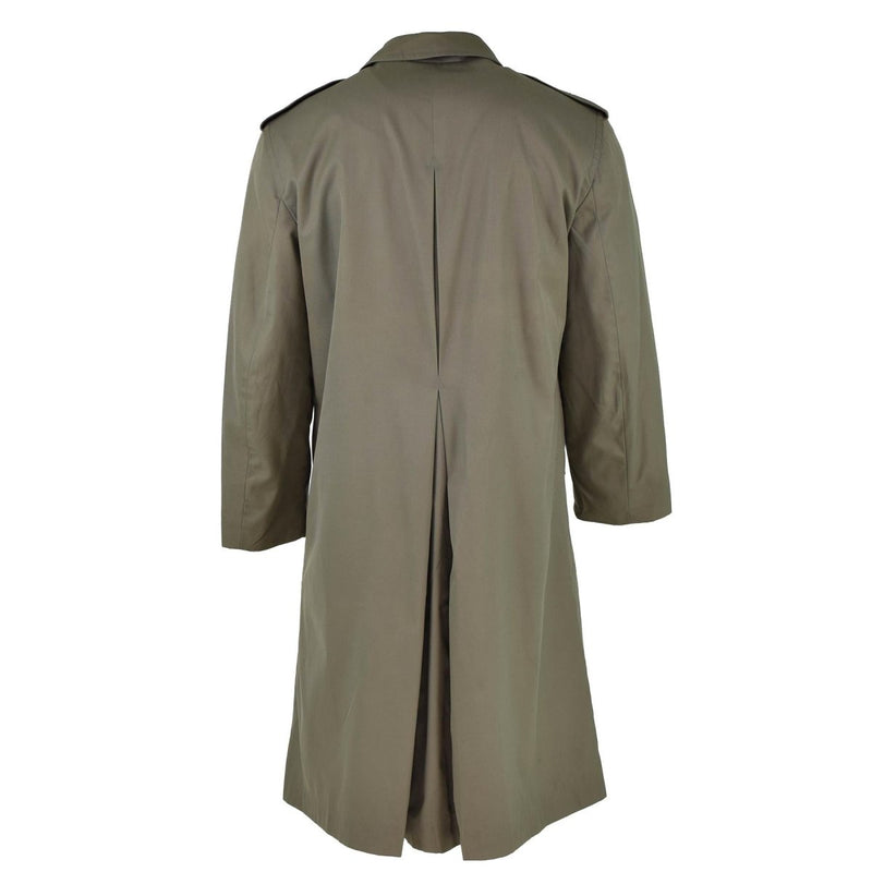 Back view of vintage French military olive waterproof trench coat with full-length design and epaulettes.