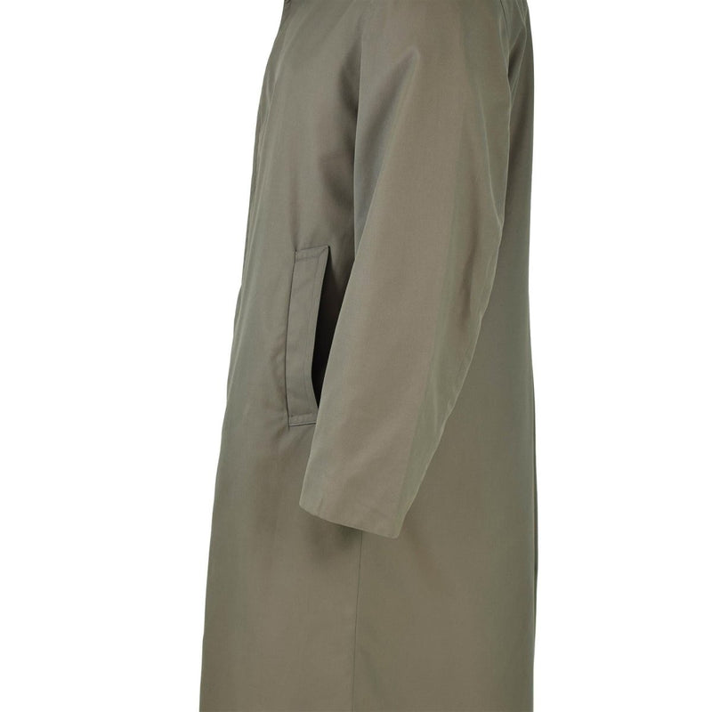 Side view of a genuine French military olive green waterproof raincoat with a single-breasted design and pocket detail