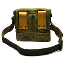 Vintage genuine French army canvas shoulder bag in olive drab with leather straps and magazine ammo pouch