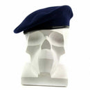 Dark blue German army wool beret with leather trim displayed on a white mannequin head.