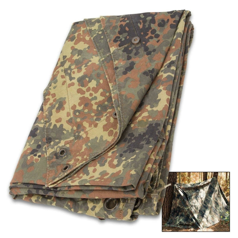 Folded German army Shelter half tarpaulin in Flecktarn camo, waterproof canvas with metal grommets and button fasteners