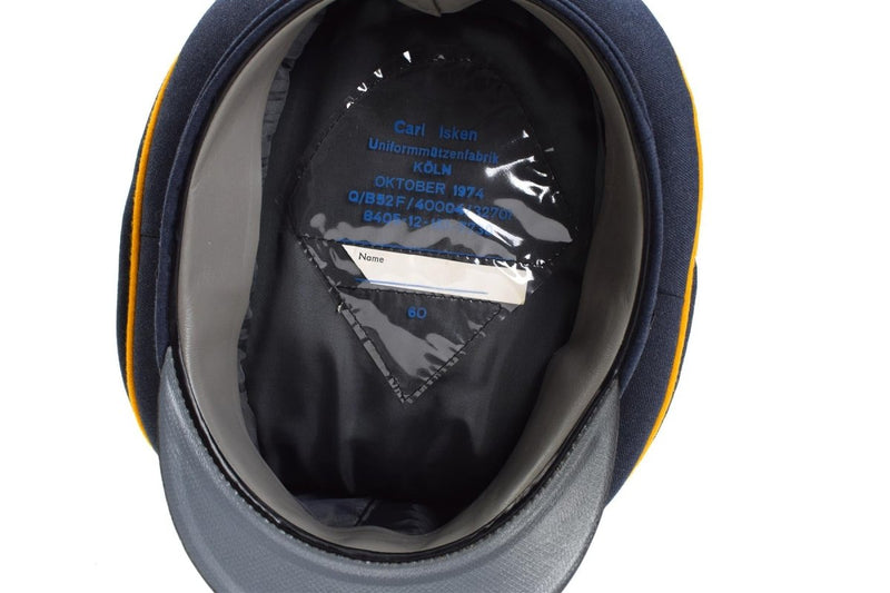 Inside view of a vintage 1974 genuine German Luftwaffe air forces visor cap with size 60 and name tag slot.