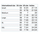 Size chart for German army visor cap showing international, EU, US sizes and head circumference in inches.
