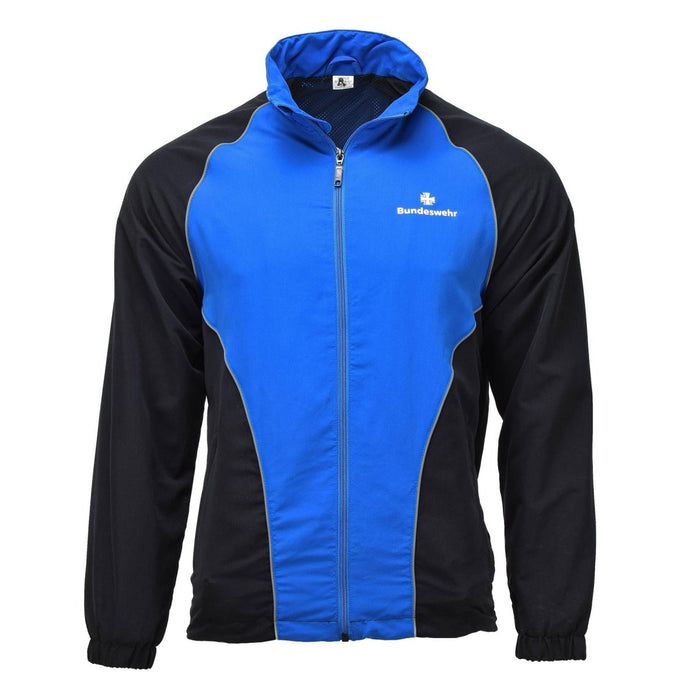 Blue and black Genuine German Military Bundeswehr sports jacket with zip and reflective piping for outdoor activities