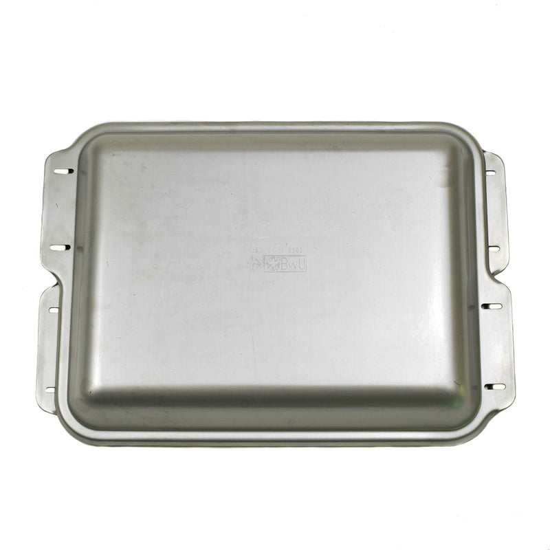 Stainless steel German military tray with handles, durable and lightweight for outdoor or camping use.