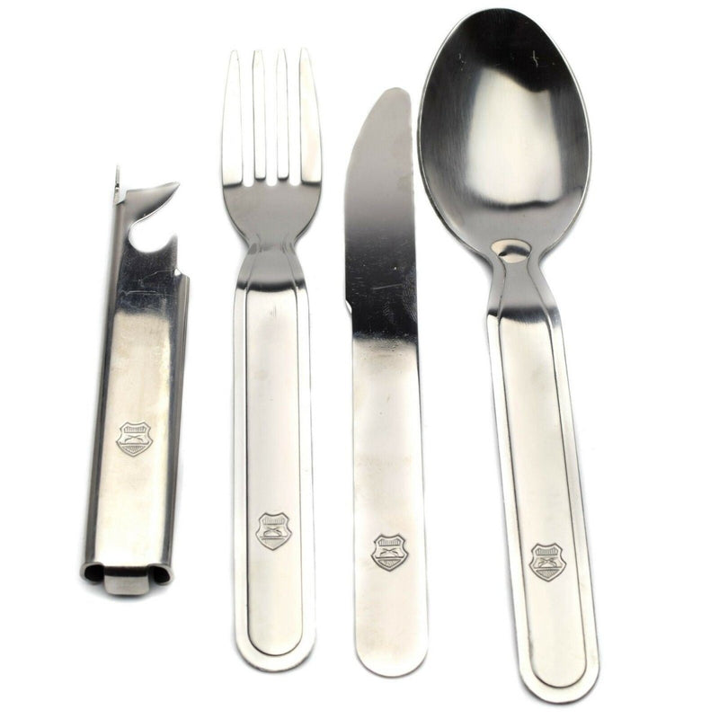 Hungarian military 4-piece stainless steel cutlery set with fork, knife, spoon, and can opener, featuring military insignia.