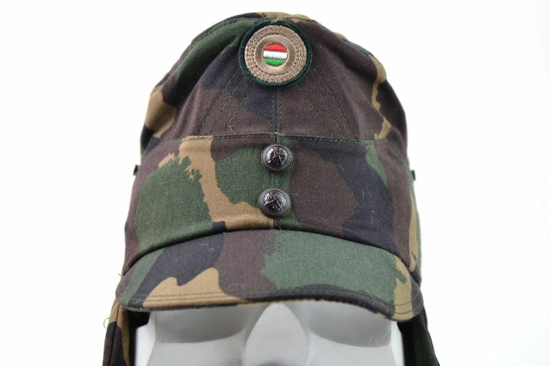 Hungarian camo army winter cap with neck flap and color badge featuring national flag cordelle on front