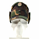Hungarian camo military winter field cap with neck flap and national flag badge in front on mannequin head